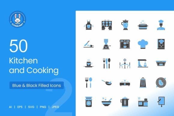 50 Kitchen and Cooking Blue Icons: A Graphics Review