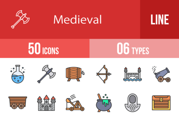 50 Medieval Filled Line Icons: Graphics & Icons for Editorial Impact