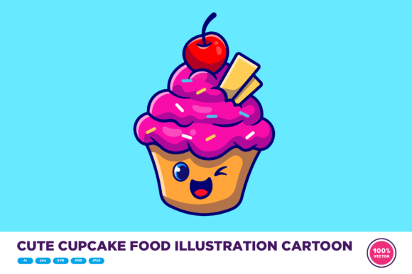 Cute Cupcake Food Illustration Cartoon: Graphics & Illustrations