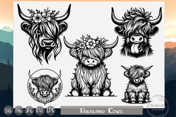 Highland Cow, Cute Cow, Floral Cow Graphics for Crafts